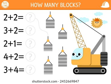 ¿Cuántos bloques de juego con la grúa del rastreador lindo. Actividad de adición matemática en obra para niños. Trabajos de construcción simple hoja de cálculo de conteo imprimible para niños con coche especial, vehículo, carga
