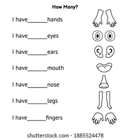 How many body parts? Write the correct answer. Activity page for school and preschool. Vector illustration