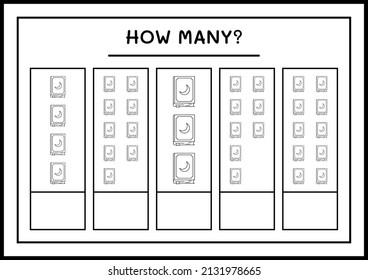 How many Book, game for children. Vector illustration, printable worksheet