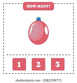 ¿Cuántas botellas hay? Diseño de hojas de cálculo educacionales para niños. Juego de conteo para niños.