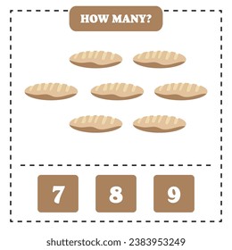 How many bread are there? Educational worksheet design for children. Counting game for kids.