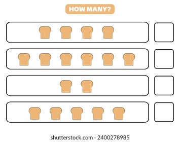 ¿Cuántos pan hay? Diseño de hojas de cálculo educacionales para niños. Juego de conteo para niños.