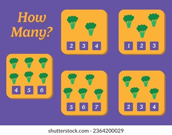 How many broccoli are there? Educational math game for kids. Printable worksheet design for preschool or elementary kids.