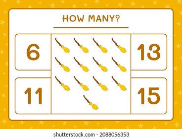 How many Broom Magic, game for children. Vector illustration, printable worksheet