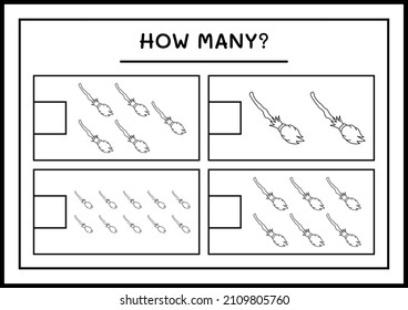 How many Broom Magic, game for children. Vector illustration, printable worksheet