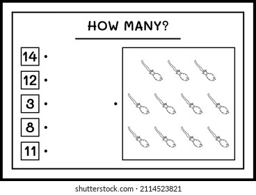 How many Broom Magic, game for children. Vector illustration, printable worksheet