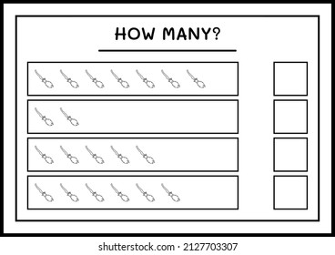 How many Broom Magic, game for children. Vector illustration, printable worksheet