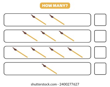 How many brush are there? Educational worksheet design for children. Counting game for kids.