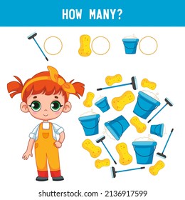 How many buckets, mops, washing brushes lie next to the little cleaning girl Counting educational kids game, kids math activity sheet. Cartoon color vector illustration.