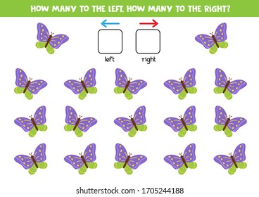 How many butterflies go to the right and to the left. Count the amount. Orientation game for kids.