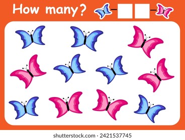 How many butterflies here. Counting game for children. Mathematics worksheet for preschoolers.