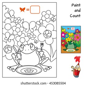 How many butterflies hide from the frog? Education counting game for children. Coloring book. Cartoon vector illustration