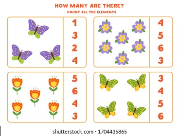 How many butterflies are there. Count the amount of flowers. Math game for children.