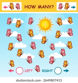 How many butterfly insect fly left, right direction, math children education puzzle game. Mathematics counting number moths bug animal. Kid learning spatial orientation. Preschool logical task. Vector