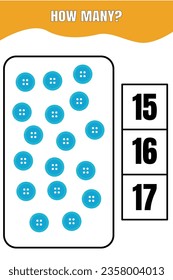 How many button are there? Educational math game for kids. Printable worksheet design for preschool or elementary kids.