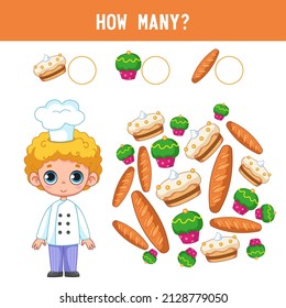 How many cakes, breads and cakes are there next to the boy's confectioner's child Counting educational kids game, kids math activity sheet. Cartoon colored vector illustration.