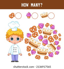 How many cakes, pastries, rolls with a little boy cook Counting educational kids game, kids math activity sheet. Cartoon color vector illustration