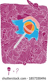 How many candies are there. Visual colored riddle for adults and children in doodle style