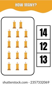 How many candle are there? Educational math game for kids. Printable worksheet design for preschool or elementary kids.