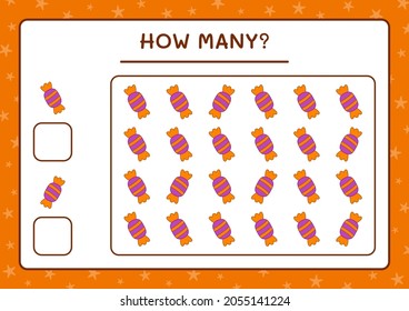 Cuántos Candy, juegan para los niños. Ilustración del vector, hoja de cálculo imprimible