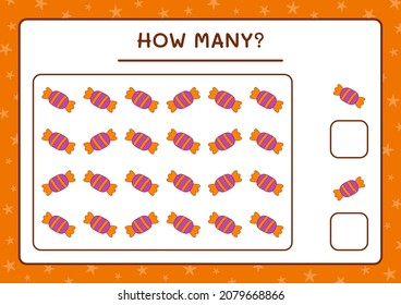 Cuántos Candy, juegan para los niños. Ilustración del vector, hoja de cálculo imprimible