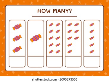 How many Candy, game for children. Vector illustration, printable worksheet