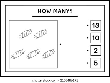 How many Candy, game for children. Vector illustration, printable worksheet