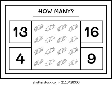 How many Candy, game for children. Vector illustration, printable worksheet