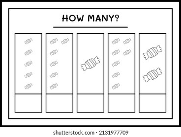 How many Candy, game for children. Vector illustration, printable worksheet