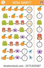 How many capybaras game, equation or rebus. Capibara math activity for school children. Simple printable counting worksheet for kids with cute animal, butterfly, frog, tangerine