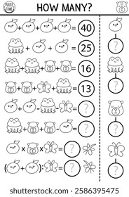 How many capybaras game, equation, rebus. Capibara black and white math activity for school children. Line printable counting worksheet, coloring page for kids with cute animal, tangerine
