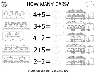 How many cars black and white game. Transportation math addition activity for preschool children. Line transport printable counting worksheet or coloring page for kids with cute tow truck
