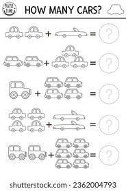 How many cars black and white game. Transportation line math addition activity for preschool children. Simple line transport printable counting worksheet or coloring page for kids with cute vehicle
