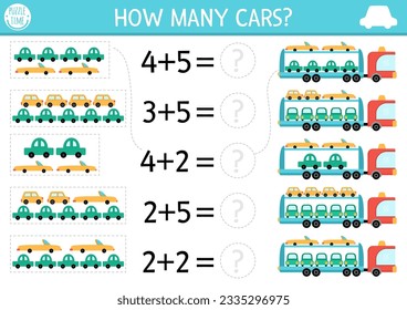 How many cars game. Transportation math addition activity for preschool children. Simple transport printable counting worksheet for kids with cute tow truck
