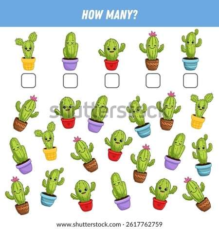 How many cartoon cacti are there. Count the number of funny cactus in pot. Cactus in flat style for magazine, cards, games, books. Funny cacti. Math worksheet for kids. Vector illustration
