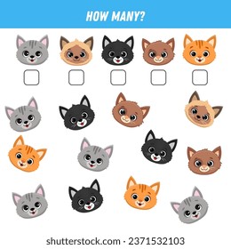 ¿Cuántas caras de gatos de dibujos animados hay ahí? Cuenta el número de gatitos. Hoja de cálculo matemática para niños. Vector