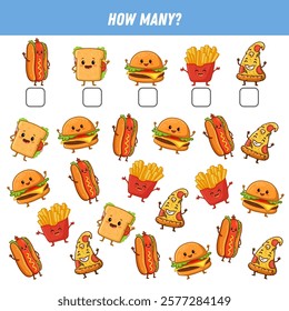 How many cartoon food are there. Count the number of funny fast food. Cartoon hamburger, sandwich, hot dog, french fries, slice of pizza. Math worksheet for kids. Vector illustration