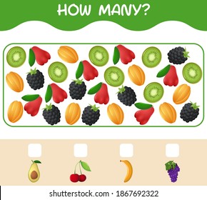 How many cartoon fruits. Counting game. Educational game for pre shool years kids and toddlers