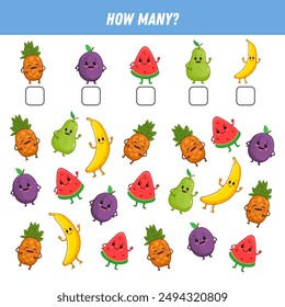 How many cartoon fruits are there. Count the number of funny fruits. Math worksheet for kids. Vector illustration
