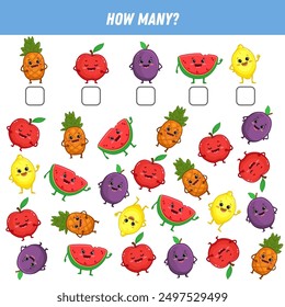 How many cartoon fruits are there. Count the number of funny fruits. Cute lemon, appple, plum, watermelon, pineapple. Math worksheet for kids. Vector illustration
