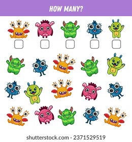 How many cartoon monsters are there. Count the number of monsters. Math worksheet for kids. Vector