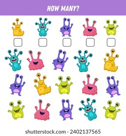 How many cartoon monsters are there. Count the number of monsters. Math worksheet for kids. Colorful creature. Vector
