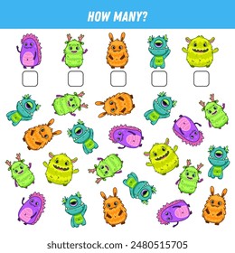 How many cartoon monsters are there. Count the number of funny monsters. Math worksheet for kids. Vector illustration
