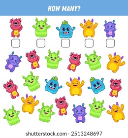 How many cartoon monsters are there. Count the number of funny monsters. Math worksheet for kids. Vector illustration