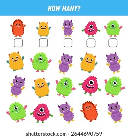 How many cartoon monsters are there. Count the number of funny monsters. Math worksheet for kids. Vector illustration
