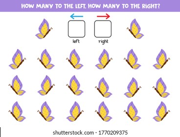 How many cartoon purple butterflies fly to the left and to the right. Count the amount and write down the correct answer. Educational game for kids. Math worksheet.