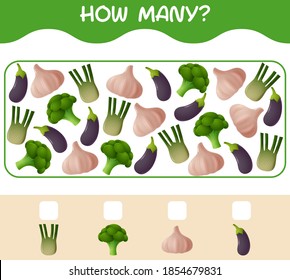 How many cartoon vegetables. Counting game. Educational game for pre shool years kids and toddlers