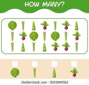 How many cartoon vegetables. Counting game. Educational game for pre shool years kids and toddlers