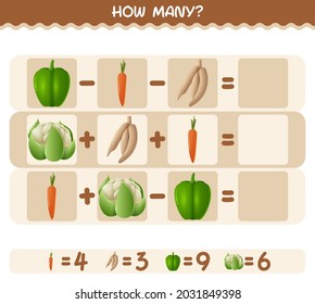 How many cartoon vegetables. Counting game. Educational game for pre shool years kids and toddlers