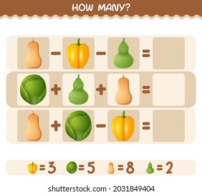 How many cartoon vegetables. Counting game. Educational game for pre shool years kids and toddlers